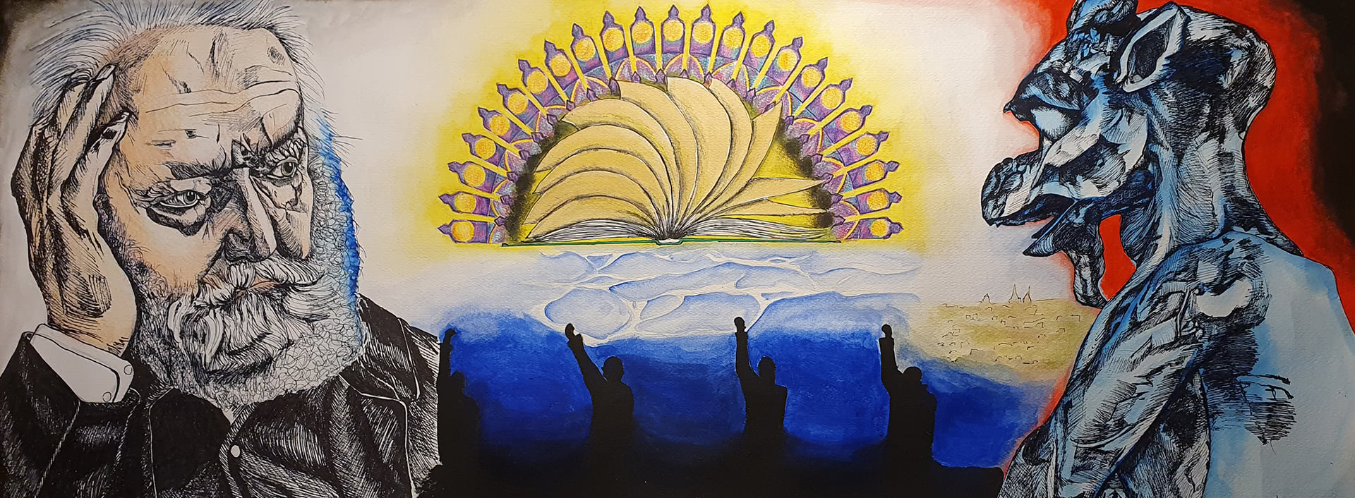 Illustrazione di Alice Lazzaro, 2022, studentessa del Liceo artistico Volta di Pavia. Tecnica mista: acrilico, acquerello, pastelli; caffè, trattopen nero, penna nera