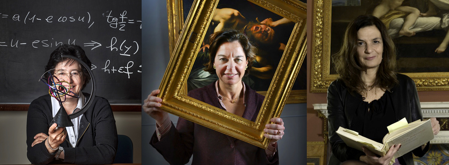 Da sinistra: Alessandra Celletti, Matematica, già Direttrice del Dipartimento di Matematica dell’Università degli Studi di Roma “Tor Vergata”, Flaminia Gennari Santori, Direttrice delle Gallerie Nazionali Barberini Corsini, Roma, Francesca Cappelletti, Direttrice della Galleria Borghese, Roma. Mostra “Ritratte. Donne di arte e di scienza” Foto di Gerald Bruneau ©Fondazione Bracco 